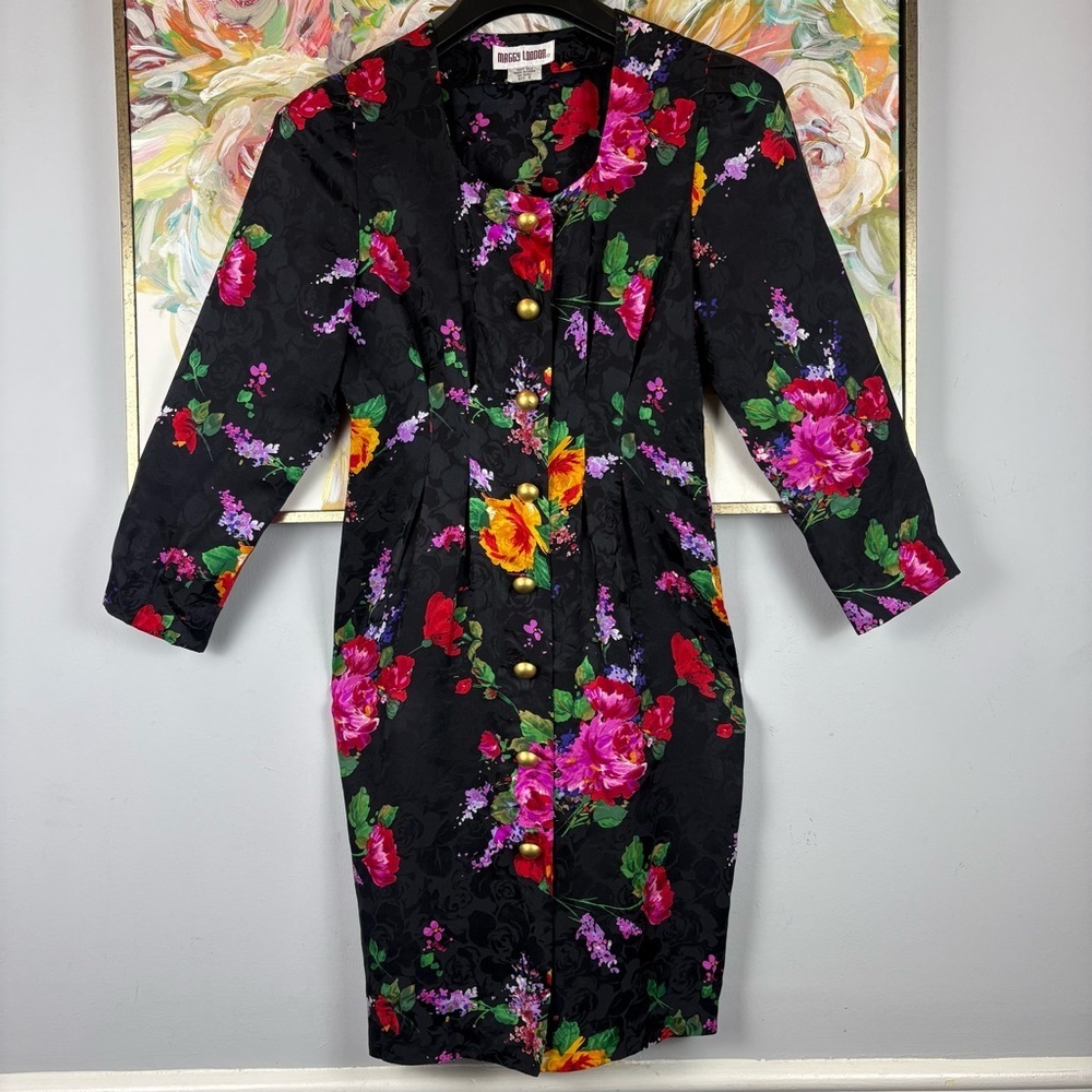 Maggy London Silk Floral Dress Button Front Long Sleeve Size 8
